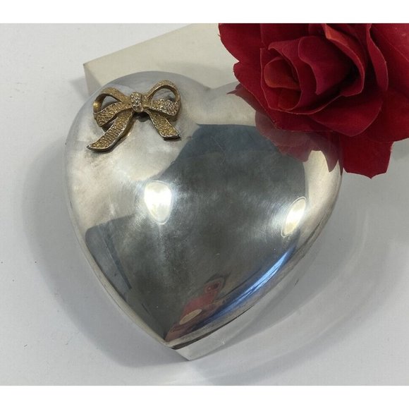 Vintage Silver Tone Heart Shaped Box with Gold Tone Bow Made in Hong Kong - Picture 1 of 11